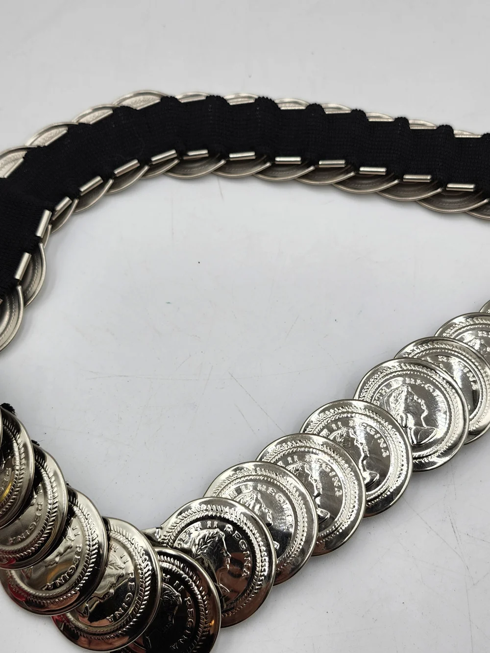 Vintage Elizabeth II Regina Coins Stretch Elastic Waist Belt Silver Tone